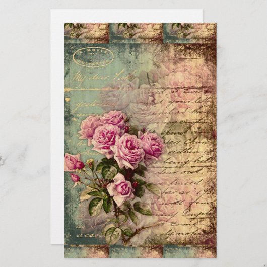 Französischer Land Chic, Shabby Chic, rosa Rosen, Briefpapier (Vorne/Hinten)