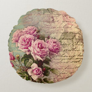 Französischer Land Chic, Shabby Chic, rosa Rosen, Rundes Kissen