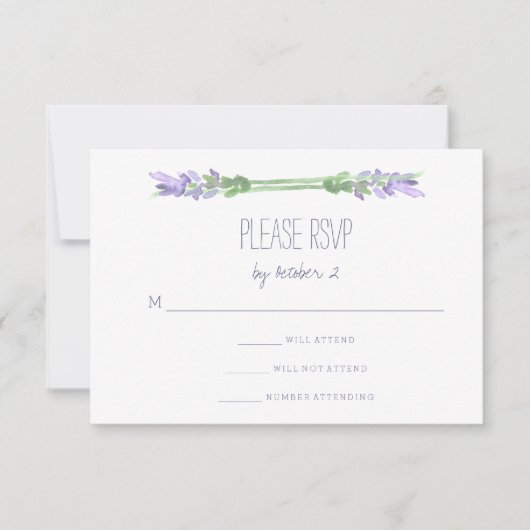 Französischer Lavendel auf White Wedding RSVP Karte (Vorderseite)