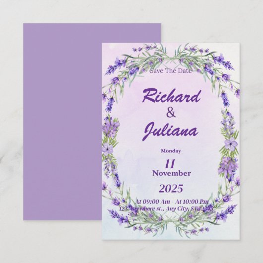 französischer Lavendelhochzeitstil Einladung (Vorne/Hinten)