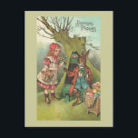 Französischer Osterhase mit Vintager Rohrleitung Feiertagspostkarte<br><div class="desc">Osterhasen mit einer langgesteppten Pfeife,  die aus einem hohlen Baum arbeitet,  akzeptiert Blume von einem kleinen Mädchen im Tausch gegen Eier. Die Inschrift liest Joyeuses Paques,  Französisch für Happy Oaster.</div>