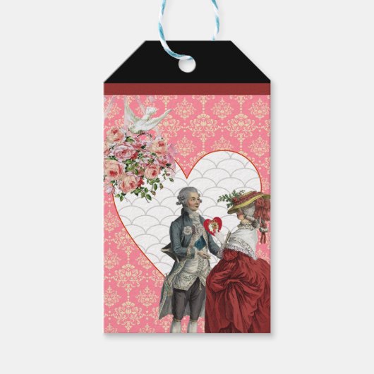 Französischer Rokoko Couple und Pink Damask Valent Geschenkanhänger (Vorderseite)