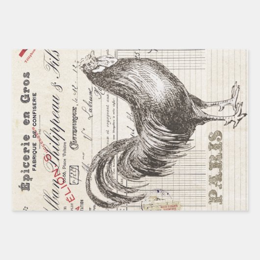 Französischer Rooster Hen Receipt Ephemera Decoupa Geschenkpapier Set (Vorderseite 3)