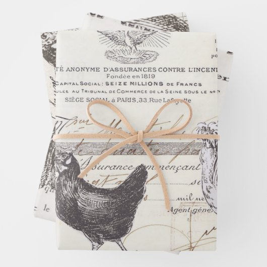 Französischer Rooster Hen Receipt Ephemera Decoupa Geschenkpapier Set (Beispiel)