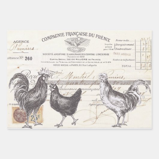 Französischer Rooster Hen Receipt Ephemera Decoupa Geschenkpapier Set (Vorderseite)