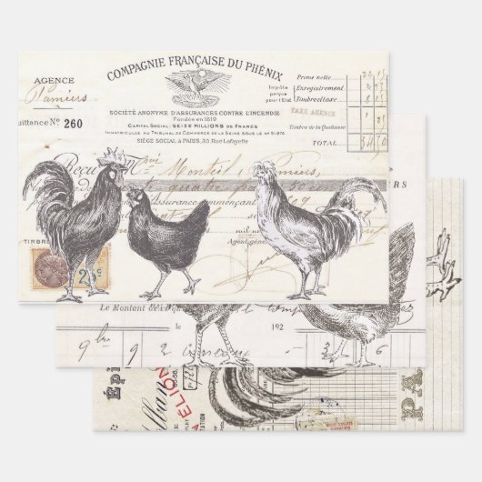 Französischer Rooster Hen Receipt Ephemera Decoupa Geschenkpapier Set (Set)