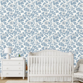 Französischer Toile De Jouy Dekor Blau Chic Blumen Tapete