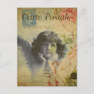 Französischer Vintage-Engel und Rose Postkarte