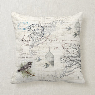 Französischer Vintager Vogel- und Zweigwurfpilz Kissen