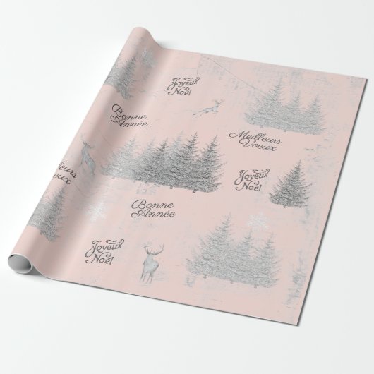 Französischer Weihnachtswald Deer Tree Pink Joyeux Geschenkpapier (Ungerollt)