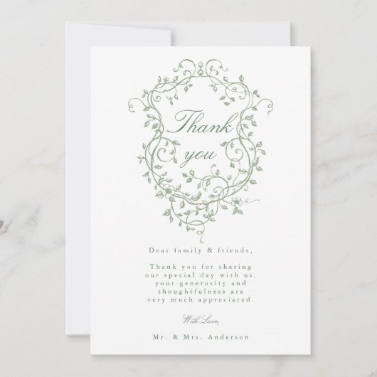 Französisches Blumensage Green Wappen Hochzeitsfei Dankeskarte (Vorderseite)