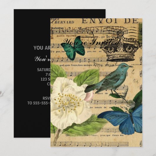 französisches botanisches Vintagen Kronenvogel Einladung (Vorne/Hinten)