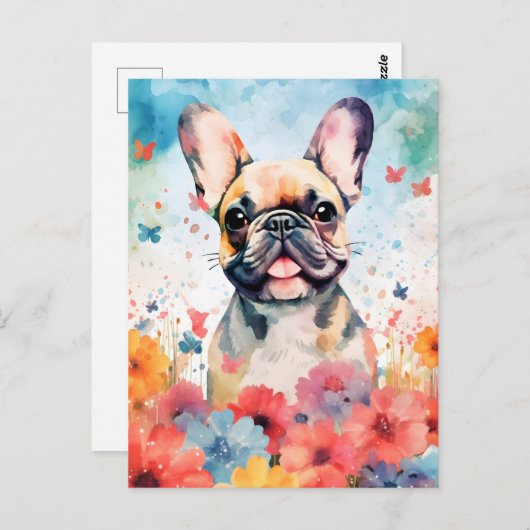 Französisches Bulldog farbiges Aquarellwerk Postkarte (Vorne/Hinten)