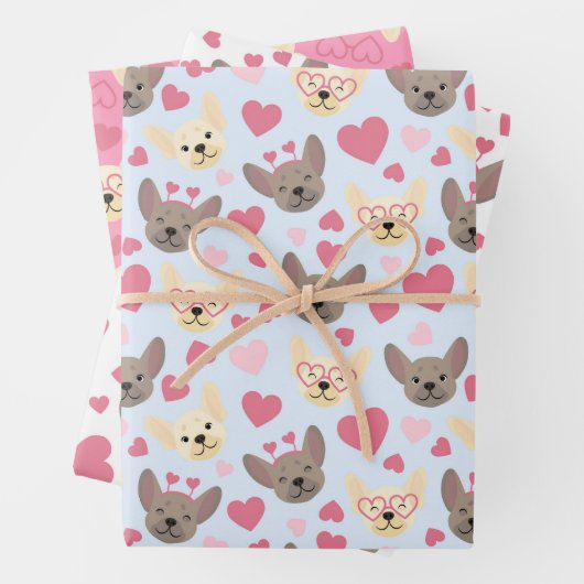 Französisches Bulldogherz Nahtloses Muster Geschenkpapier Set (Beispiel)