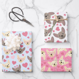 Französisches Bulldogherz Nahtloses Muster Geschenkpapier Set