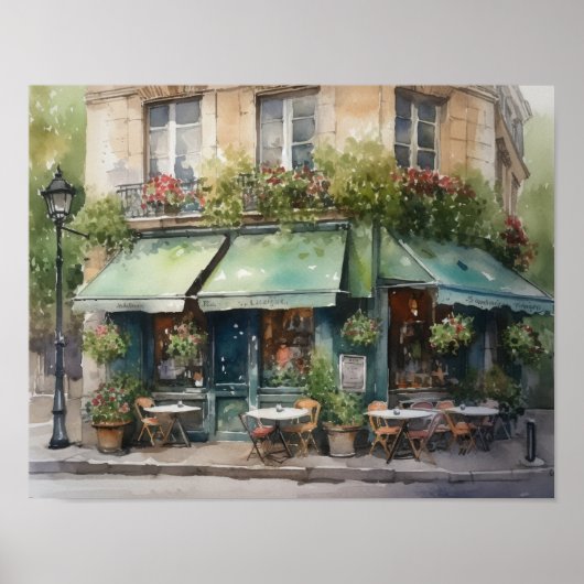 Französisches Café Watercolor Landschaft Kunst, Di Poster (Vorne)