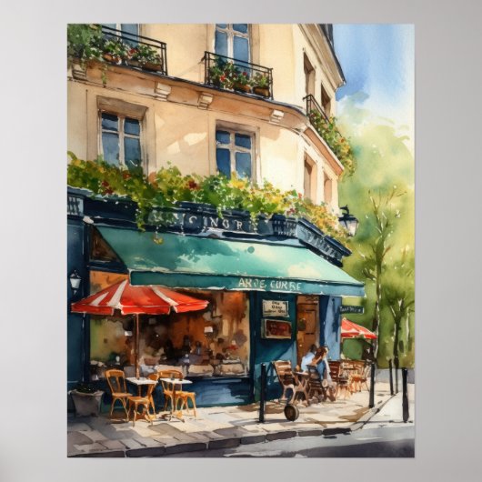 Französisches Café Watercolor Landschaft Kunst, Di Poster (Vorne)