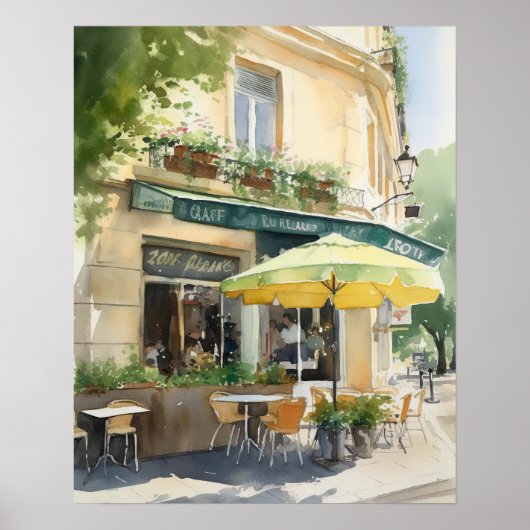 Französisches Café Watercolor Landschaft Kunst, Di Poster (Vorne)