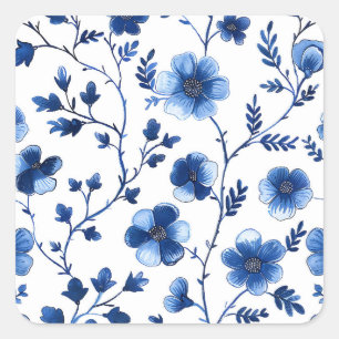 Französisches Cottagecore Blau Florale Muster Tiss Quadratischer Aufkleber