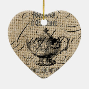 Französisches Country Burlap Skripte Teekanne Tee Keramikornament