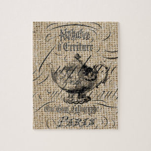 Französisches Country Burlap Skripte Teekanne Tee Puzzle