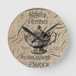 Französisches Country Burlap Skripte Teekanne Tee  Runde Wanduhr