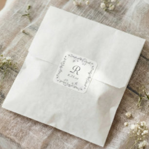 Französisches florales graues Vintage-Monogramm-Ho Quadratischer Aufkleber