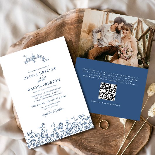 Französisches Foto QR Code Navy Blue Wedding Einladung