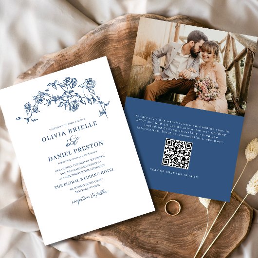 Französisches Foto QR Code Navy Blue Wedding Einladung