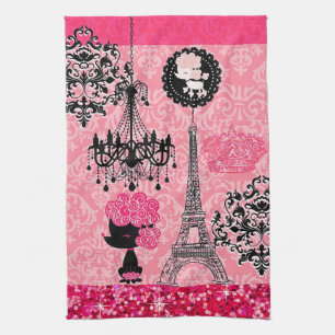 Französisches girly Eiffelturm, Welpe & Damast Ele Handtuch