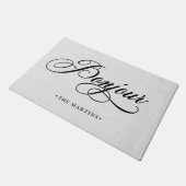 Französisches graues Leinenblick-Skript | Bonjour Fußmatte (Schrägansicht)