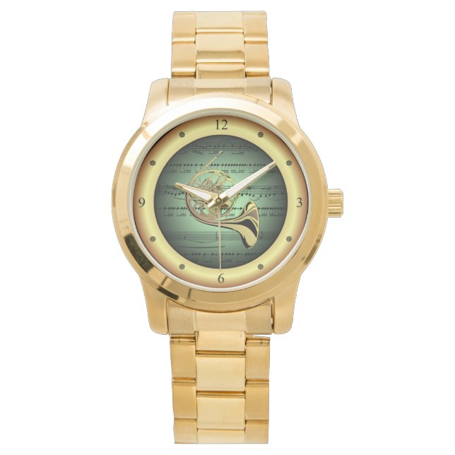 Französisches Horn ~ Blatt Music ~ Green/Gold Hint Armbanduhr (Vorderseite)