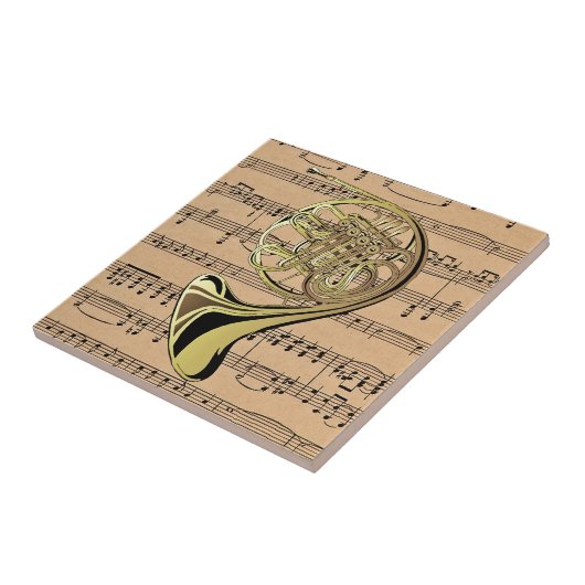 Französisches Horn ~ mit Notenhintergrund Fliese (Seite)