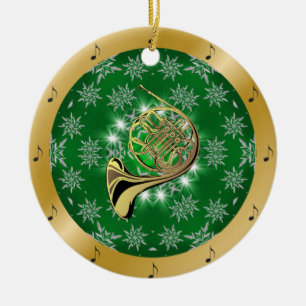 Französisches Horn ~ Silver ~ Green ~ Gold ~ Weihn Keramik Ornament