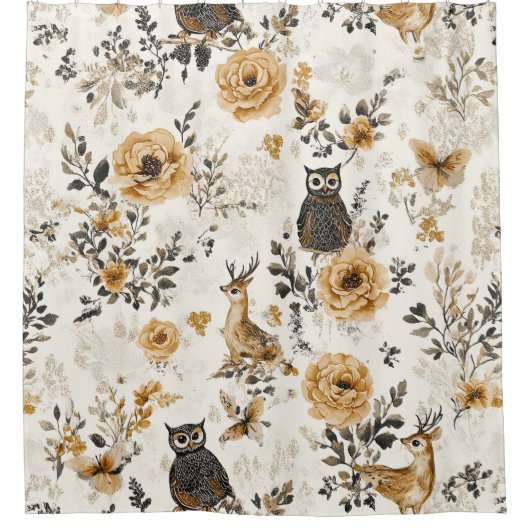 Französisches Land Beige Eule Blumenmuster Duschvorhang (Vorderseite)