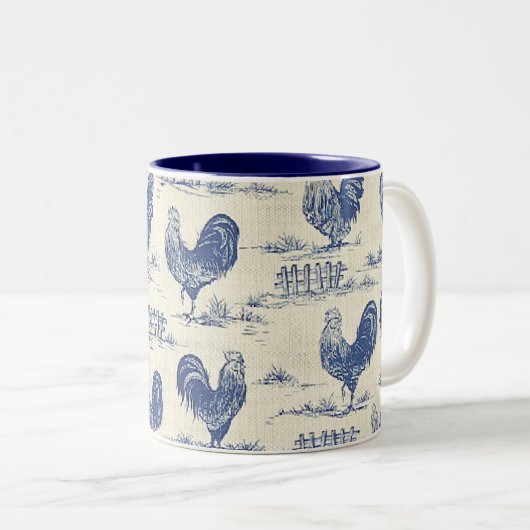 Französisches Land-blaue Hahn-Kaffeetasse Zweifarbige Tasse (VorderseiteRechts)