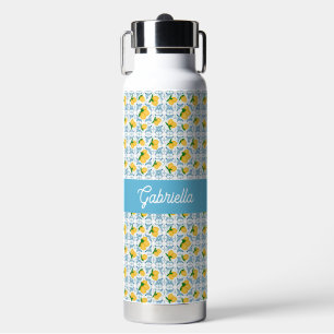 Französisches Land-Limonen-Blau-Fliesen-Monogramm Trinkflasche
