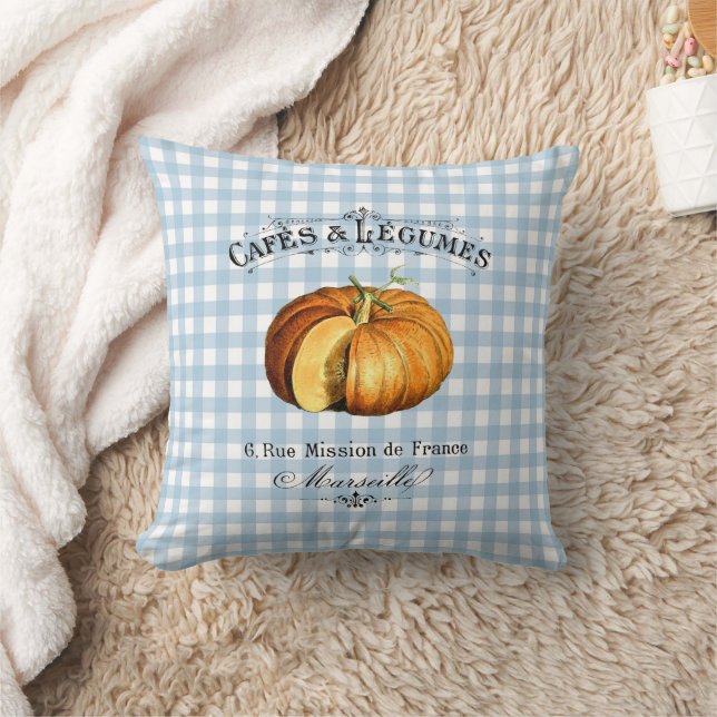 Französisches Land Veggie Pumpkin Blue Checked Kissen (Decke)