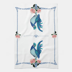 Französisches Landhaus Rooster Blue Aquamarin Pink Geschirrtuch