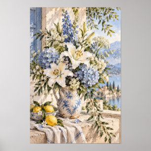 Französisches Landhaus Weiße Lilie Blaue Hortensie Poster