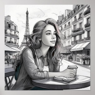 Französisches Mädchen mit Kaffee Poster