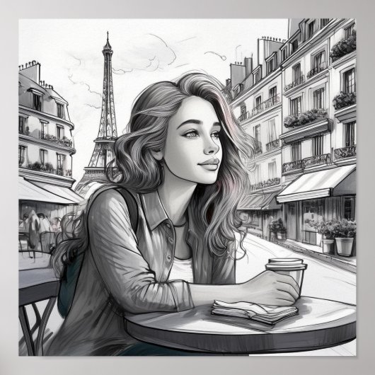 Französisches Mädchen mit Kaffee Poster (Vorne)