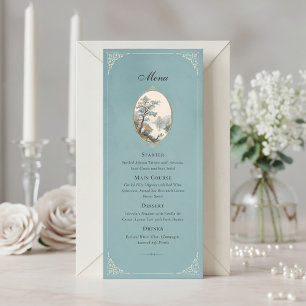 Französisches Reiher-Staubblau-Samt-Hochzeitsmenü Menükarte