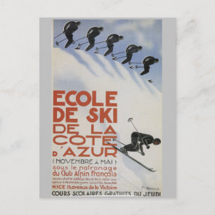 Französisches Skischul-Vintage-Reiseposter Plakat Postkarte
