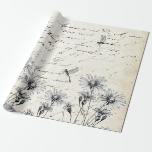 Französisches Skript Wildblumen Libelle Decoupage  Geschenkpapier