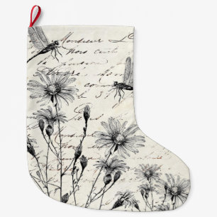 Französisches Skript Wildblumen Libelle Vintage Ur Großer Weihnachtsstrumpf