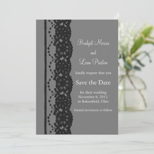 Französisches Spitzen Save the Date (grau) (Stehend Vorderseite)