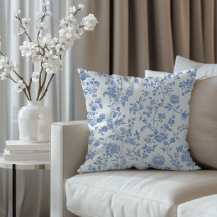 Französisches Toile-Blau Blumenmuster Kissen