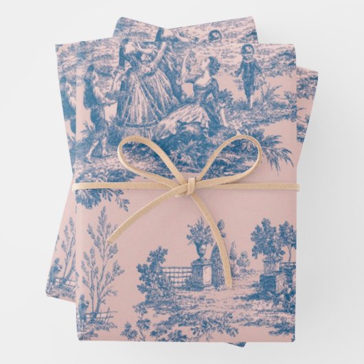 Französisches Toile de jouy blau und rosa Decodipa Geschenkpapier Set (Beispiel)