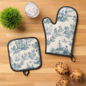 Französisches Toile de jouy sage grün elegant Ofenhandschuh & Topflappen-Set (Oben Unten)